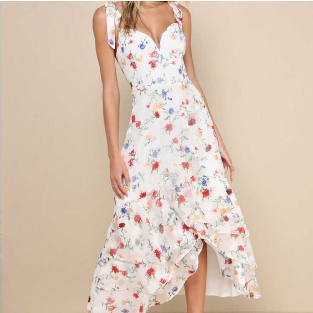 NWT Lulus So Elevated Ivory Floral Jacquard Tie-Strap High-Low Midi Dress